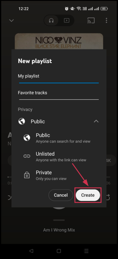 Create a new playlist button inside the YouTube Music app