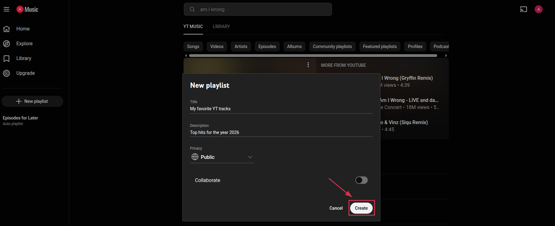 Create a new playlist button inside the YouTube Music web app