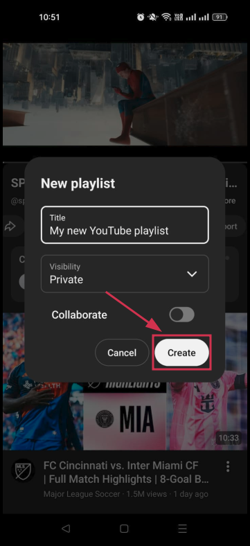 Create a new playlist button inside the YouTube app on mobile