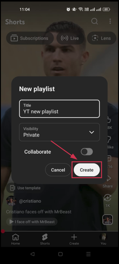 Create a new playlist button inside the YouTube app on smartphone