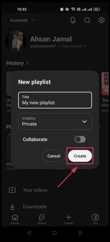 Create a new playlist button inside the YouTube app