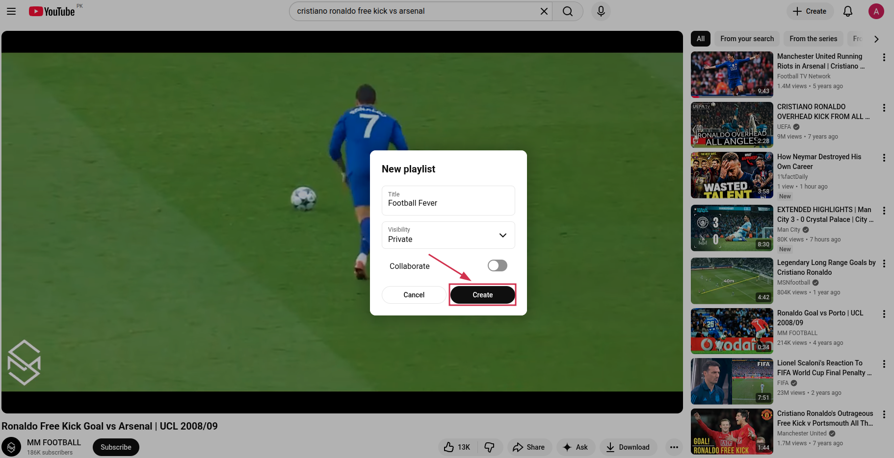 Create a new playlist button inside the YouTube web app
