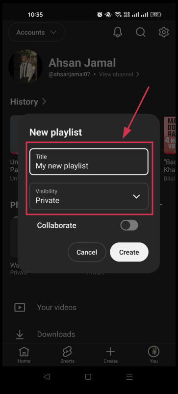 Enter a playlist title & set the visibility inside the YouTube app