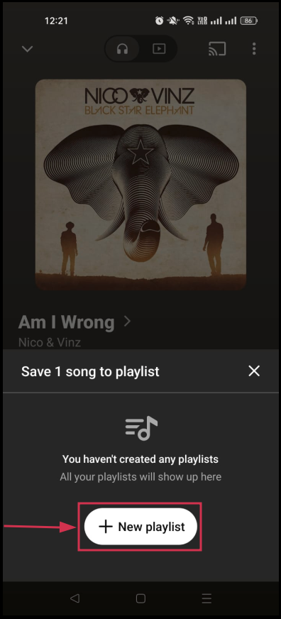 “+ New playlist” button inside the YouTube Music app
