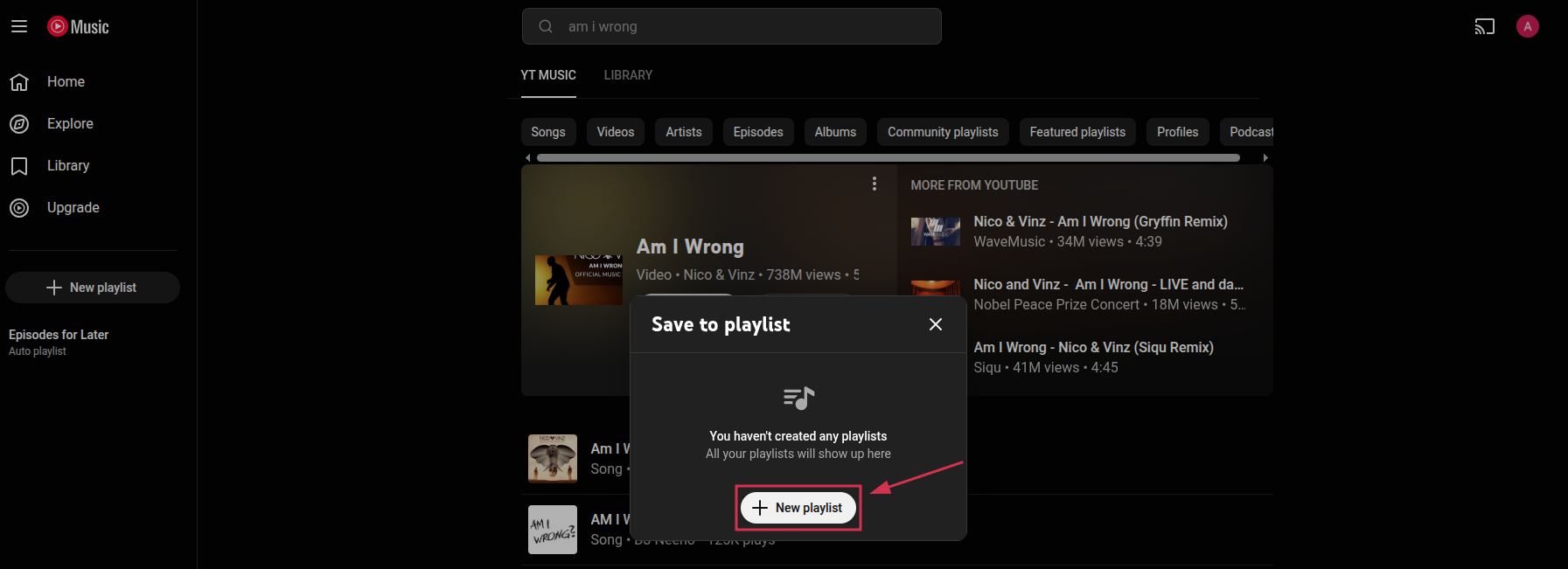 “+ New playlist” button inside the YouTube Music web app