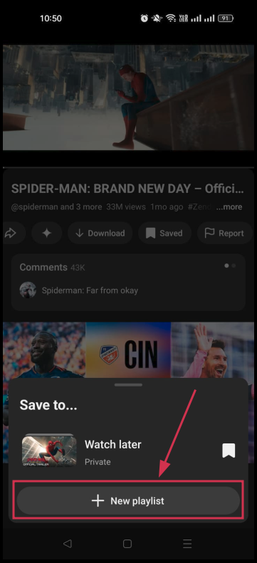“+ New playlist” button inside the YouTube app