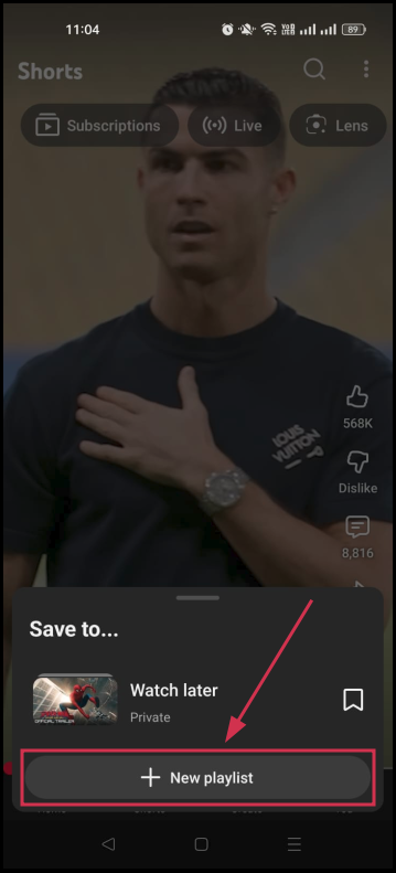 “+ New playlist” option inside the YouTube app