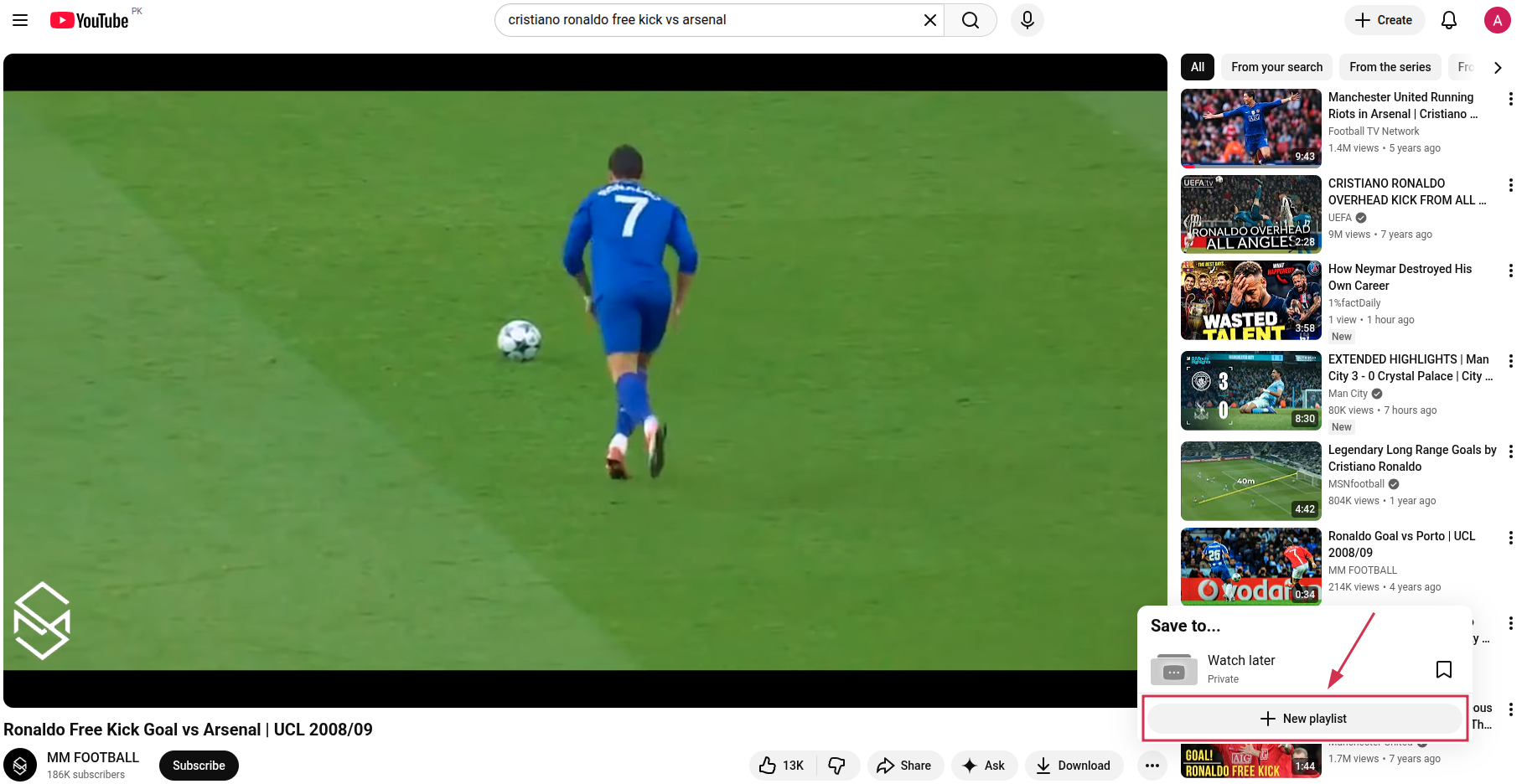 “+ New playlist” option on YouTube on PC