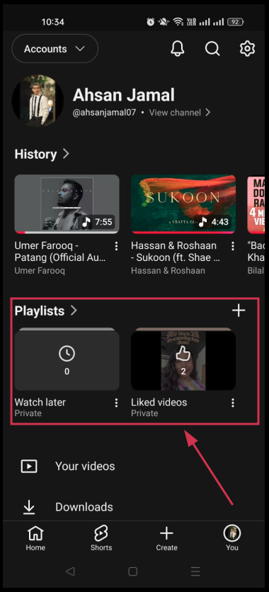 Playlists section inside the YouTube app