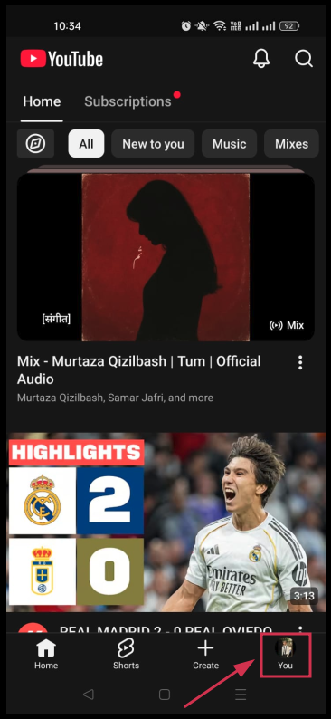 Profile picture (“You”) inside the YouTube app