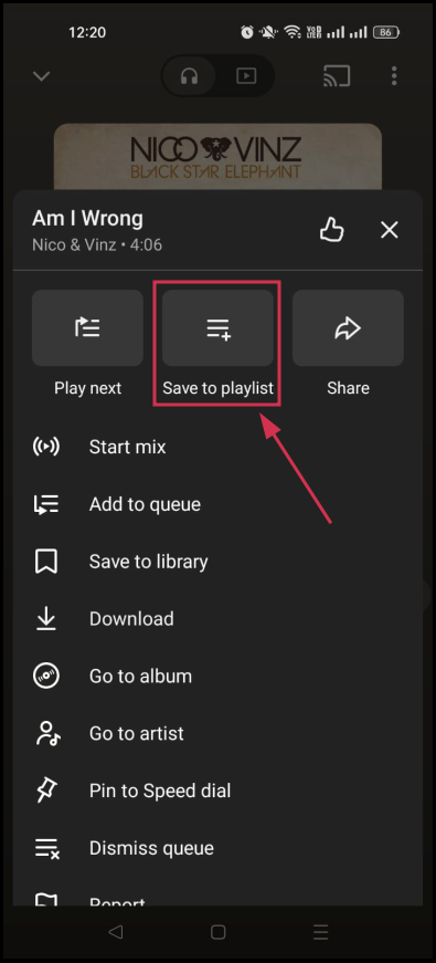 Save to playlist option inside the YouTube Music app
