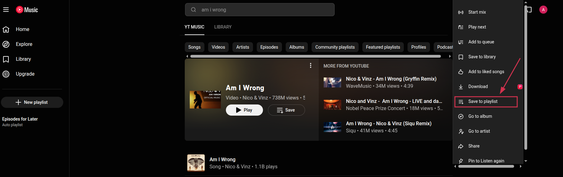 “Save to playlist” option inside the YouTube Music web app
