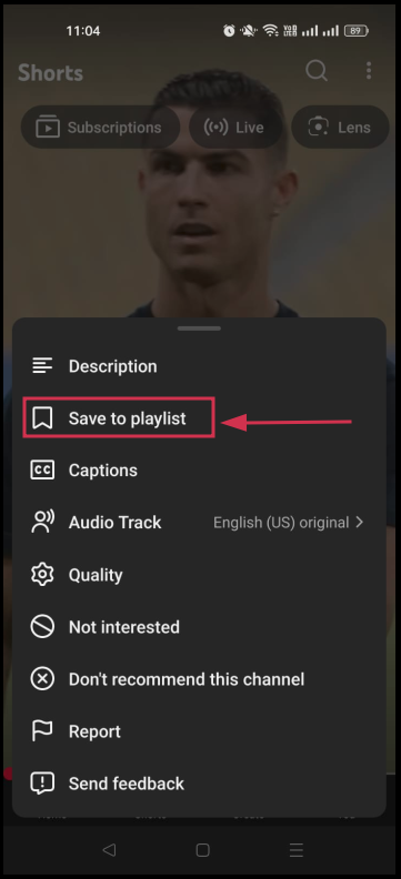 Save to playlist option inside the YouTube Shorts menu
