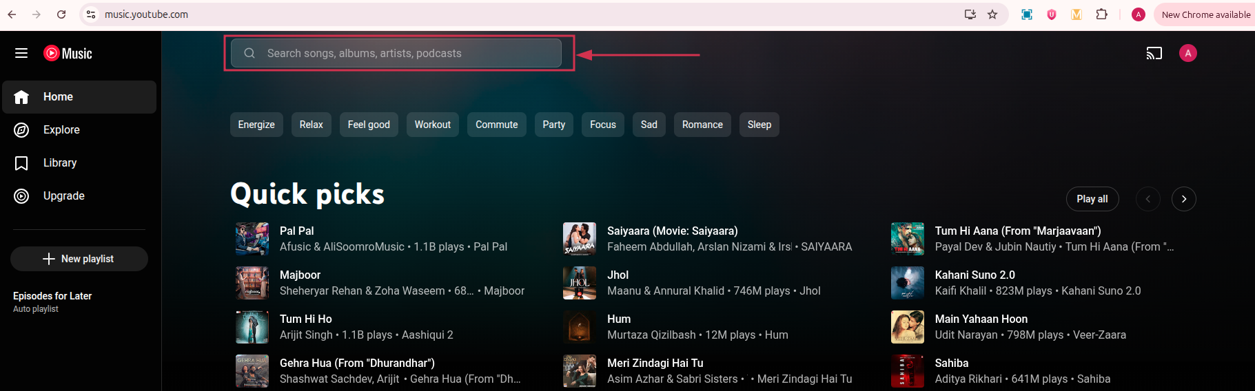 Search for a song, album, or podcast on YouTube Music web app