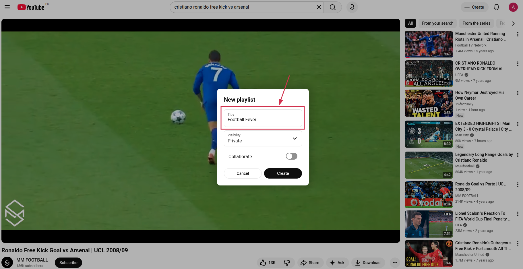 Set playlist title on YouTube on PC