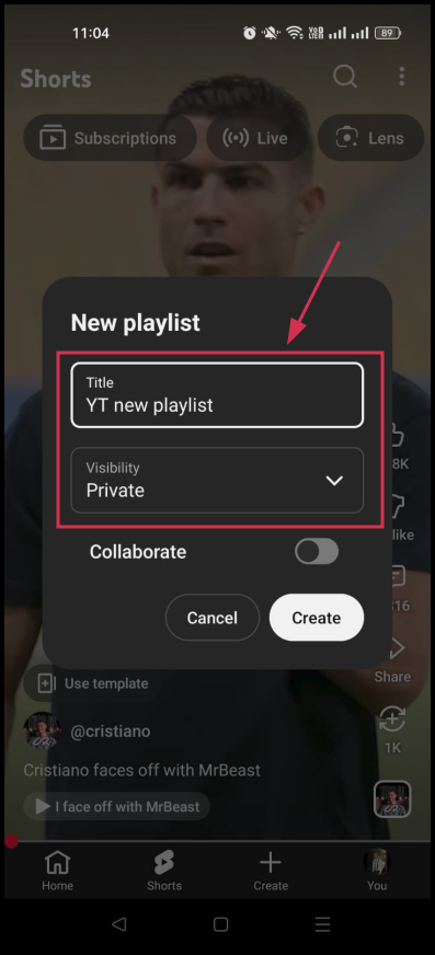 Set playlist title & visibility inside the YouTube app on smartphone