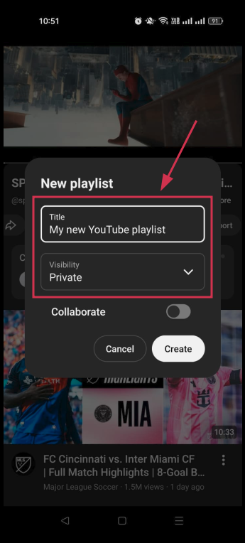 Set playlist title & visibility inside the YouTube app