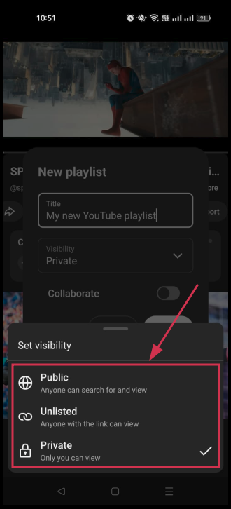 Set playlist visibility inside the YouTube app on mobile