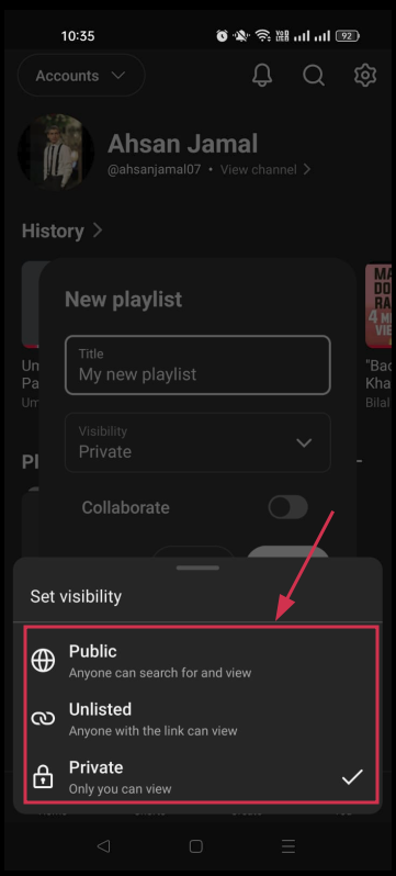 Set playlist visibility inside the YouTube app
