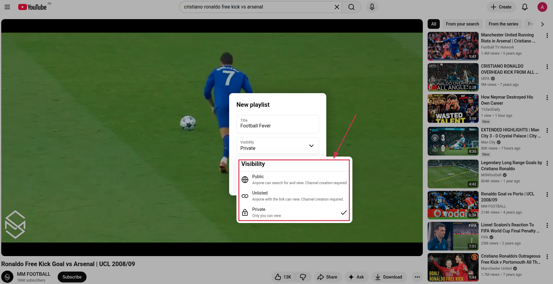 Set playlist visibility on YouTube on PC