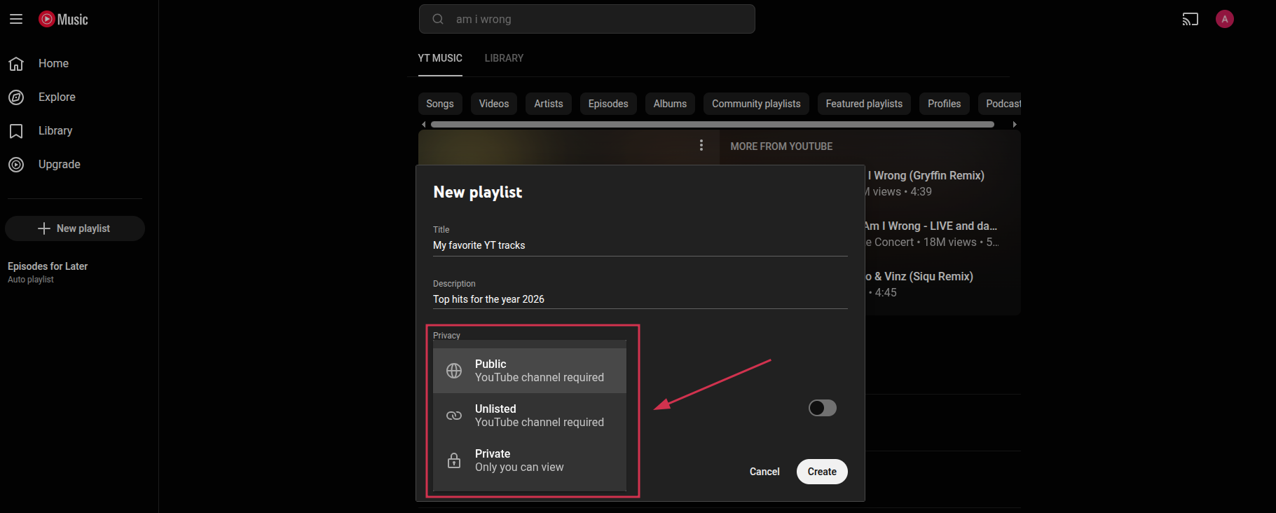 Set the playlist privacy on the YouTube Music web app