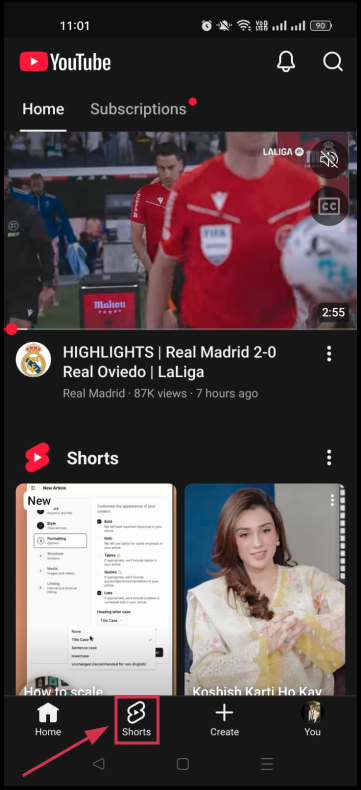 Shorts inside the YouTube app