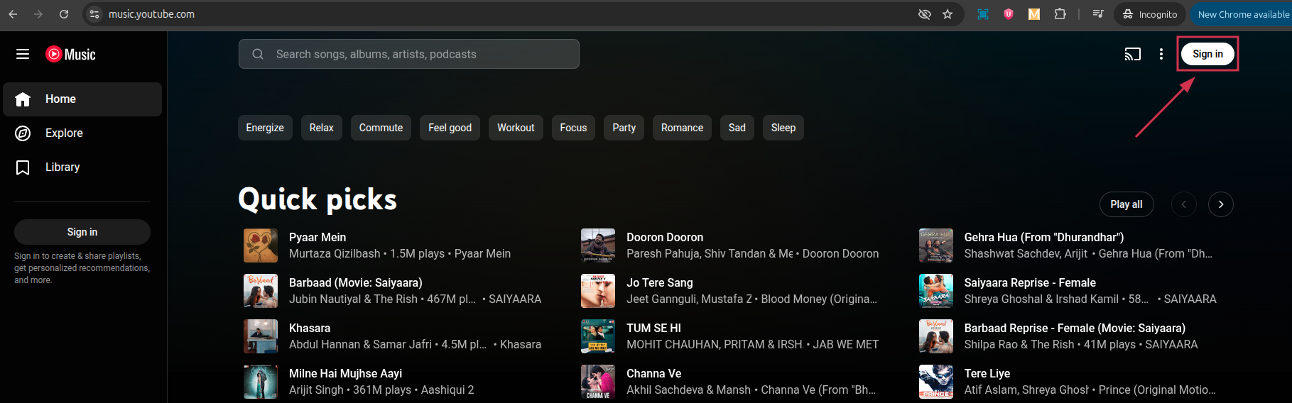 Sign in button on YouTube Music web app