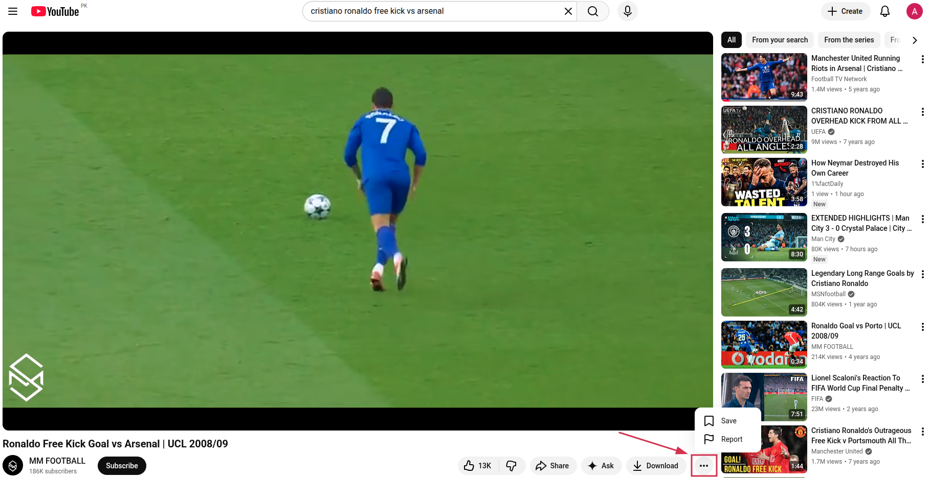 Three-dot menu (⋯) below a YouTube video on PC