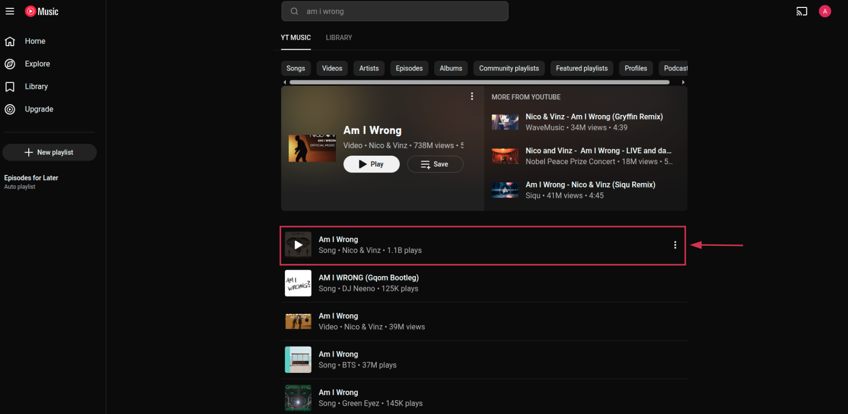 Three dots (⋮) next to a song on the YouTube Music web app