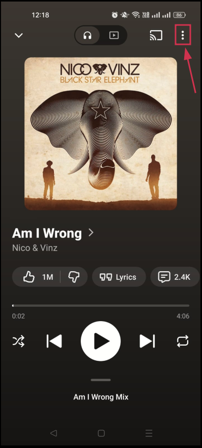 Three vertical dots menu (⋮) inside the YouTube Music app