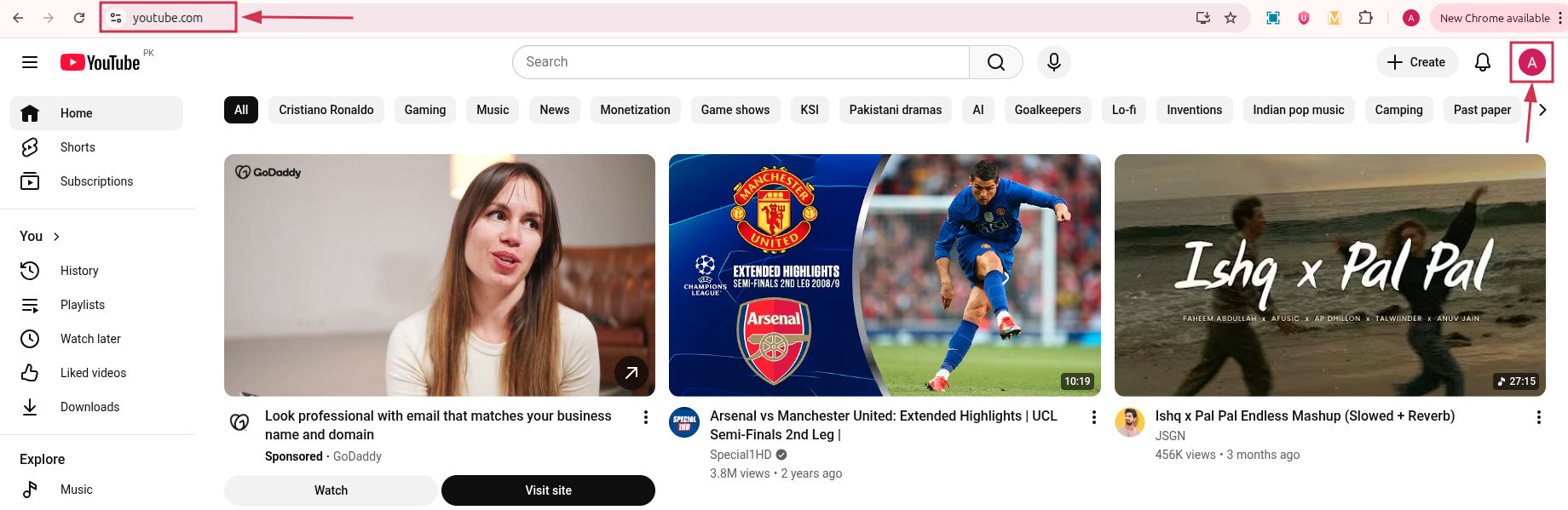 YouTube homepage on PC