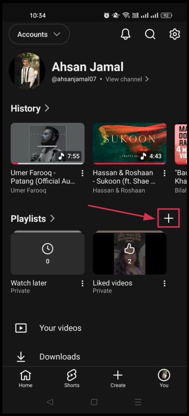 “+” icon inside the YouTube app